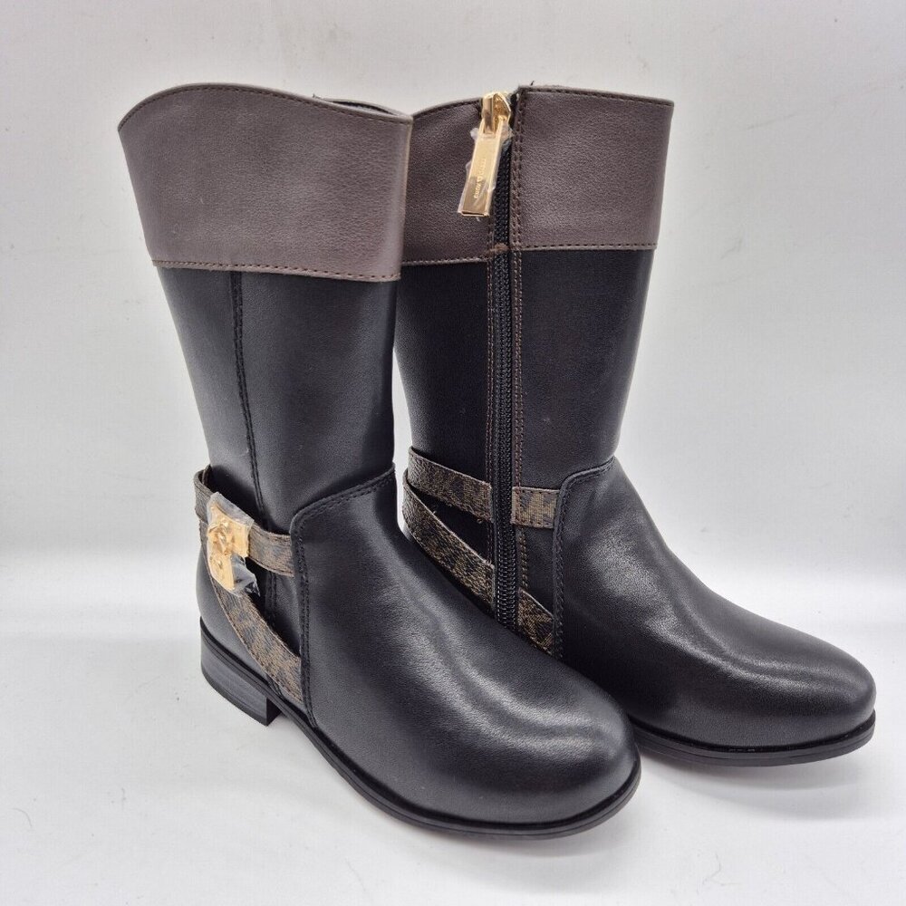 Michael Kors Girls Boots Size 6 Kids Finel Leather Boots High Black Brown (230